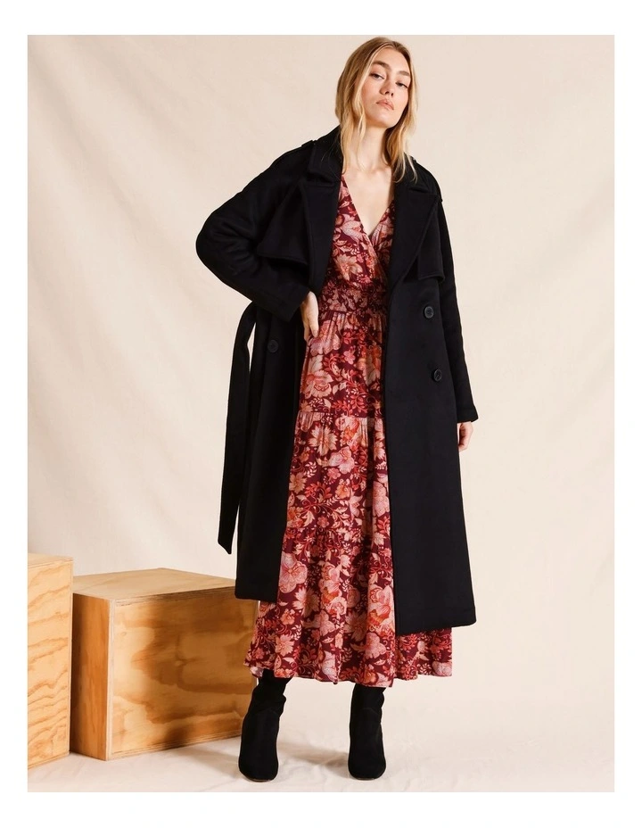 Double Breasted Tie Front Heavy Coat in Black