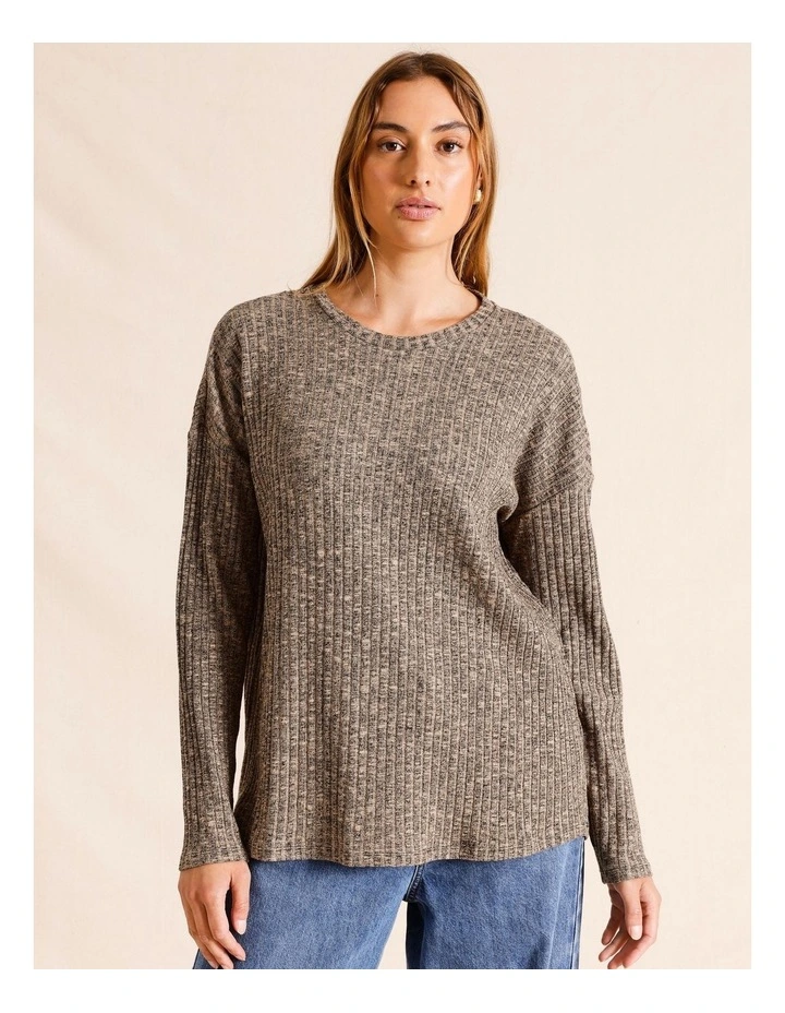 Long Sleeve Drop Shoulder Rib Top in Tan