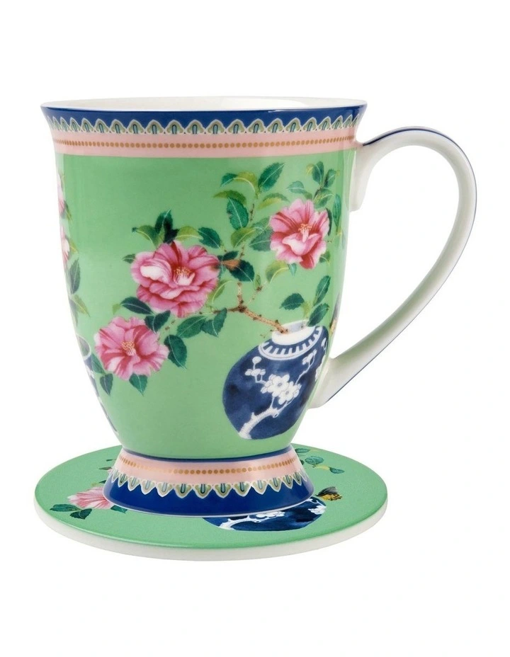 Gift Boxed Gabby Malpas Jardin Camelia Mug & Coaster Set 300ml in Green