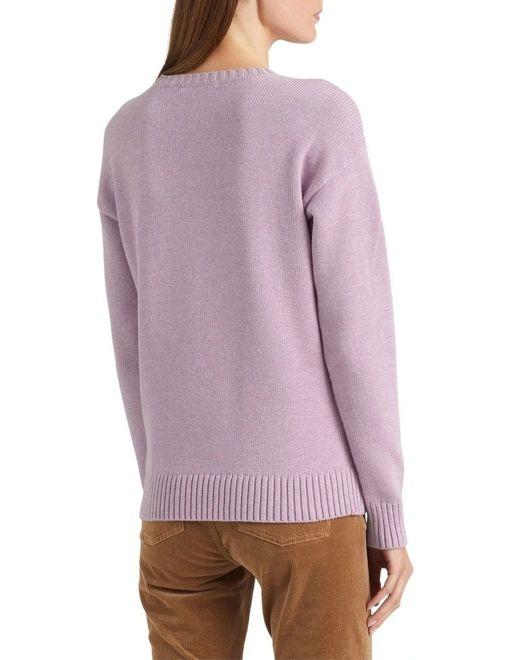 Intarsia Knit Cotton Sweater in Purple