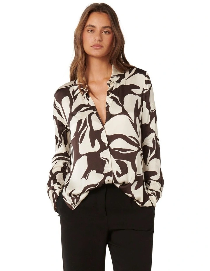 Lila Longline Printed Satin Shirt in Brown Multi