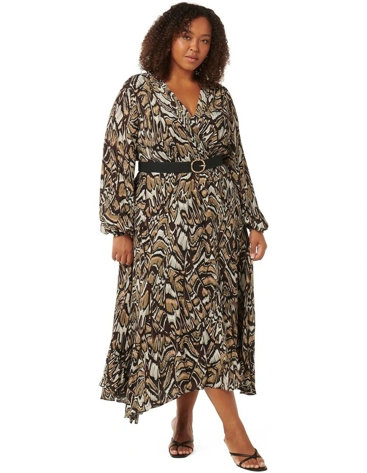 Rochelle Assymetric Hem Midi Dress in Brown Multi