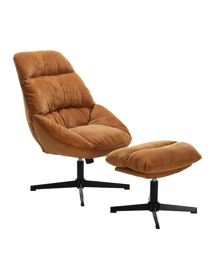Yaro Armchair Set with Ottoman Linen Fabric in Orange