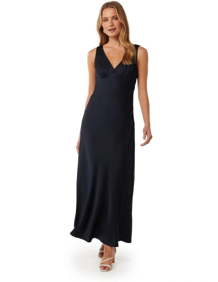 Cameron V Neck Satin Maxi Dress in Navy