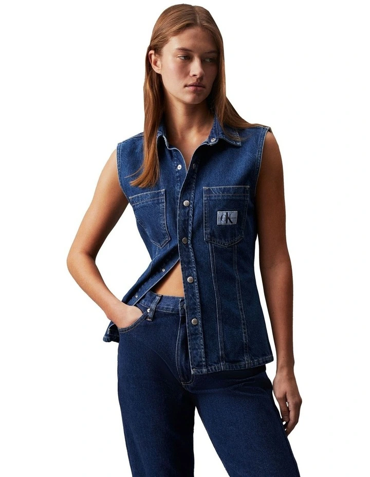 Sleeveless Lean Denim Shirt in Stone Mid Blue