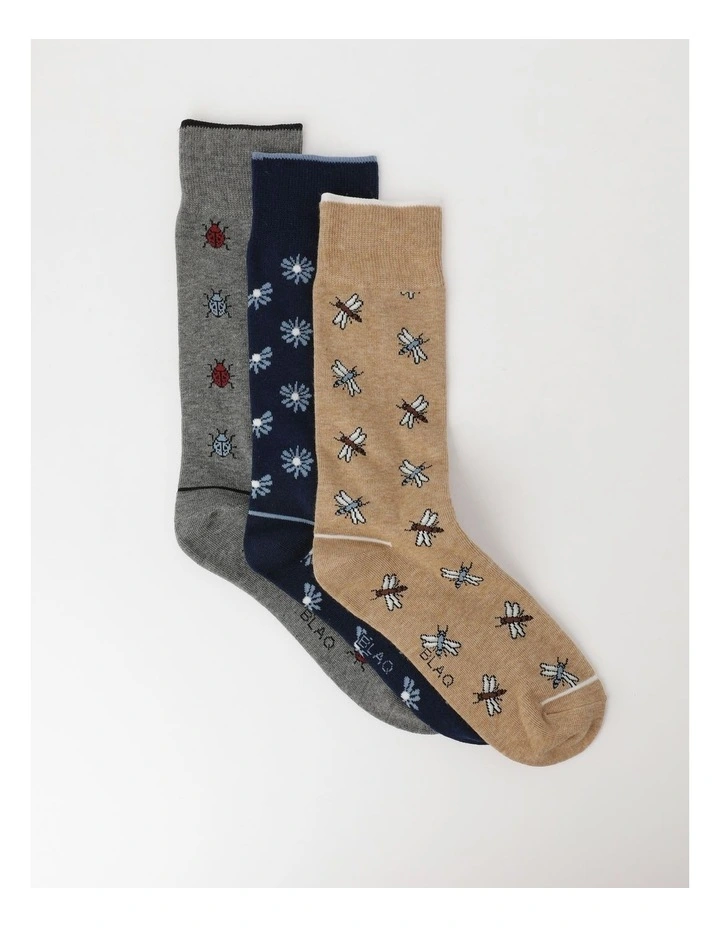 Patterned Botanical Designs Crew Length Socks 3 Pair Pack in Multi