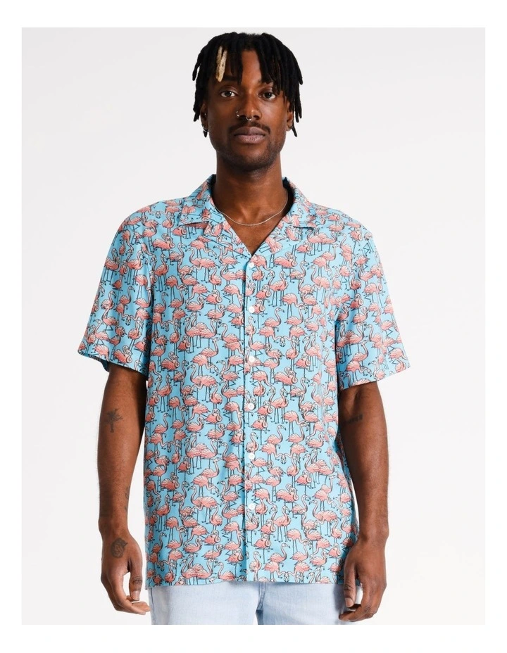 Flamingo Club Print Short Sleeve Rayon Shirt in Blue