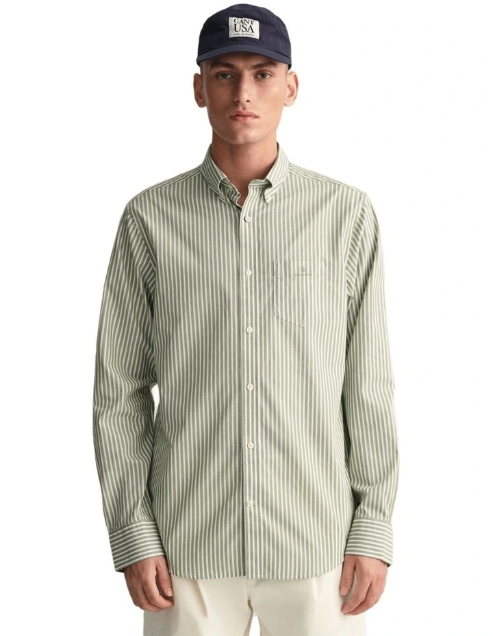 Regular Fit Striped Broadcloth Shirt in Kalamata Green