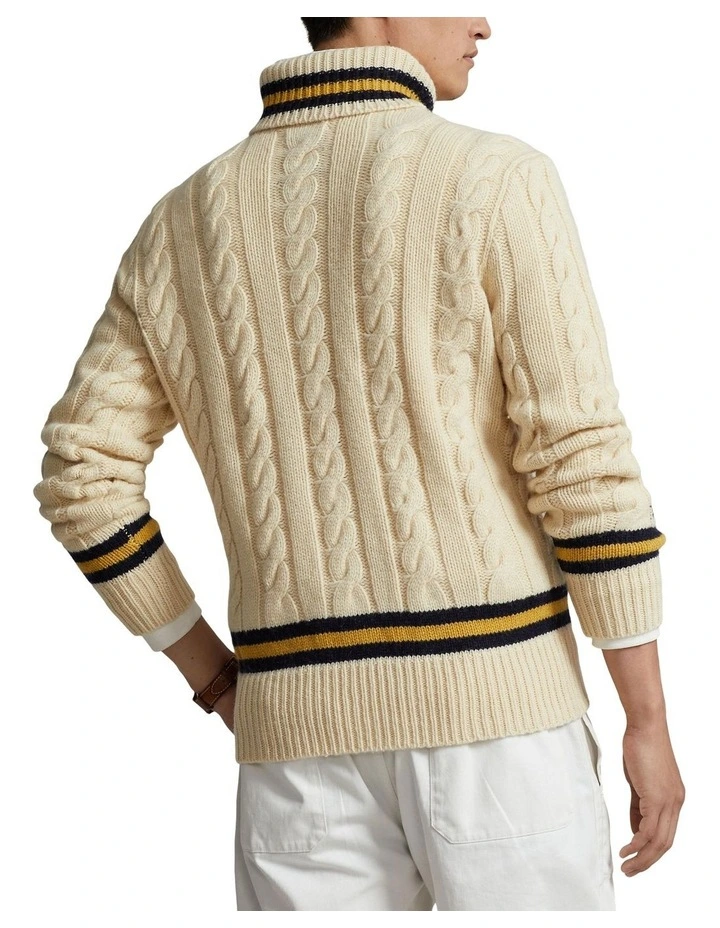 Cable-Knit Wool-Blend Turtleneck Sweater in Beige