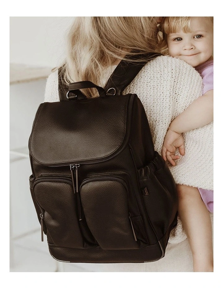 Signature Luxury Leather Nappy Backpack in Jet Black
