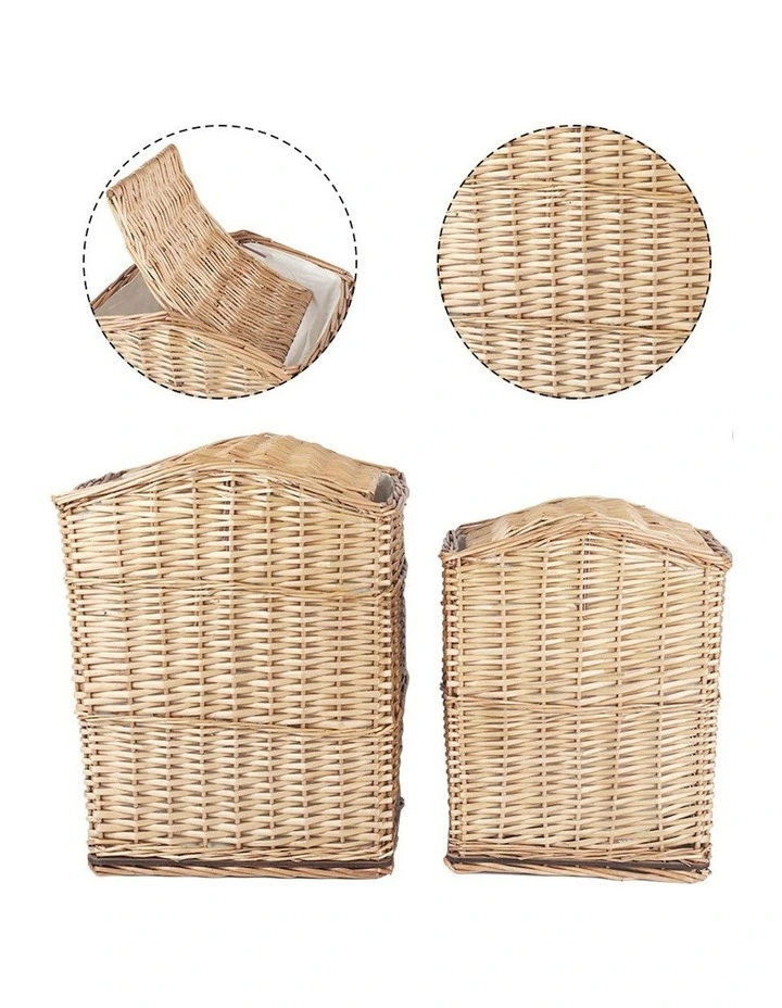 2 Piece Wicker Storage Baskets With Lid Set In Brown
