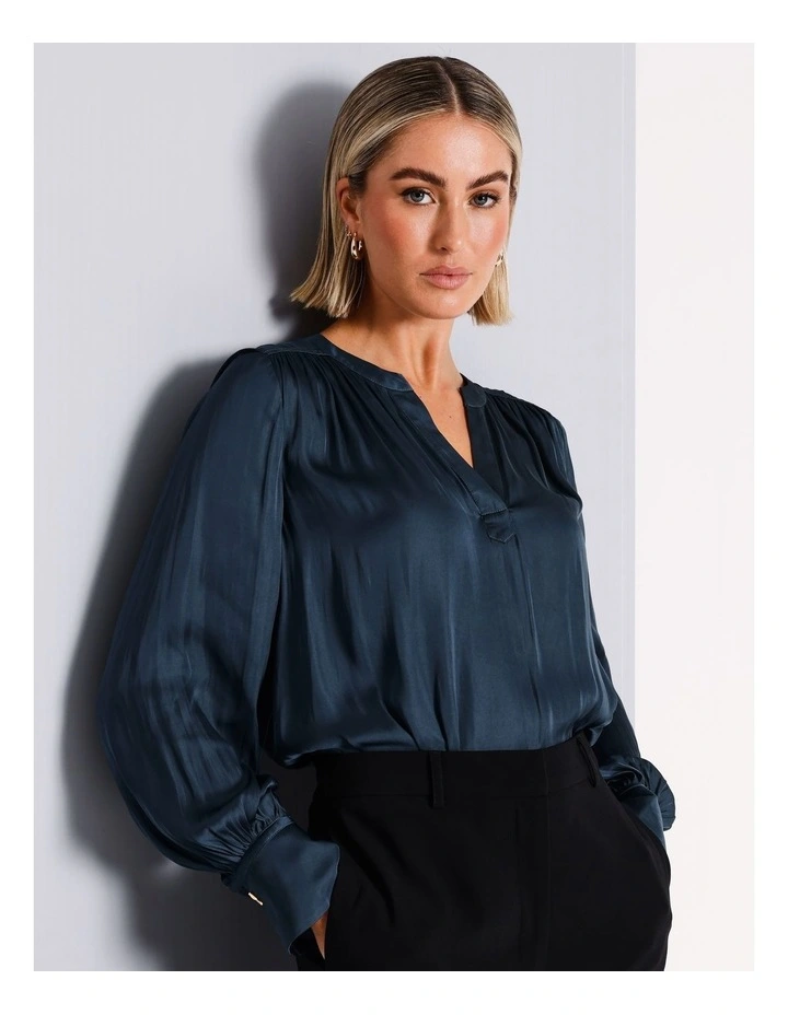 Recycled Polyester V-Neck Satin Blouse in Airforce
