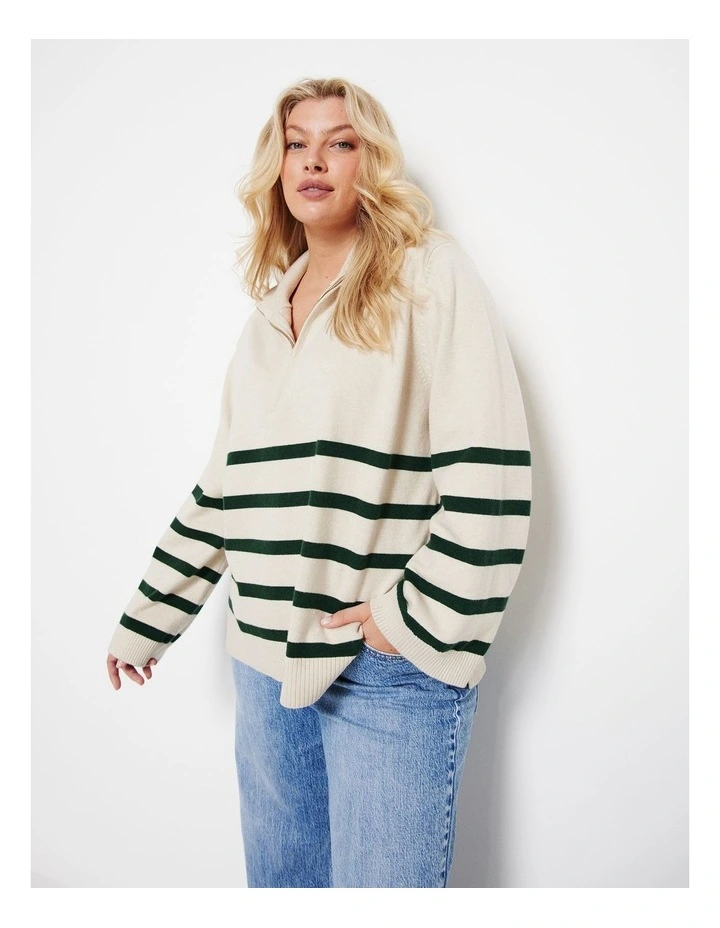 The Long Sleeve Zip Polo Shirt in Dark Green Stripe