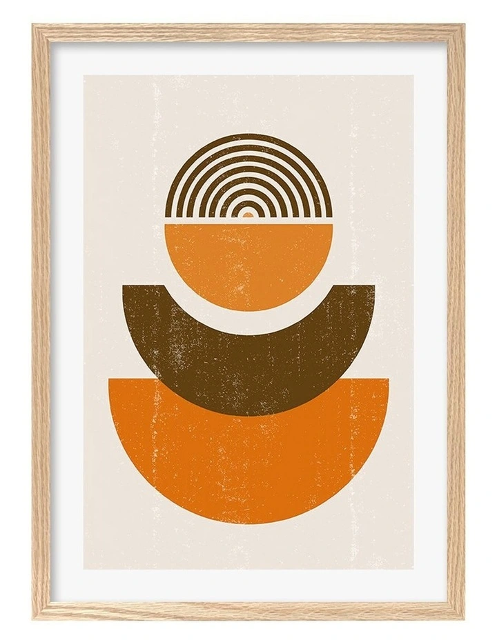 Australian Made Orange Boho Sun Shapes Art Print A2 in Natural Frame