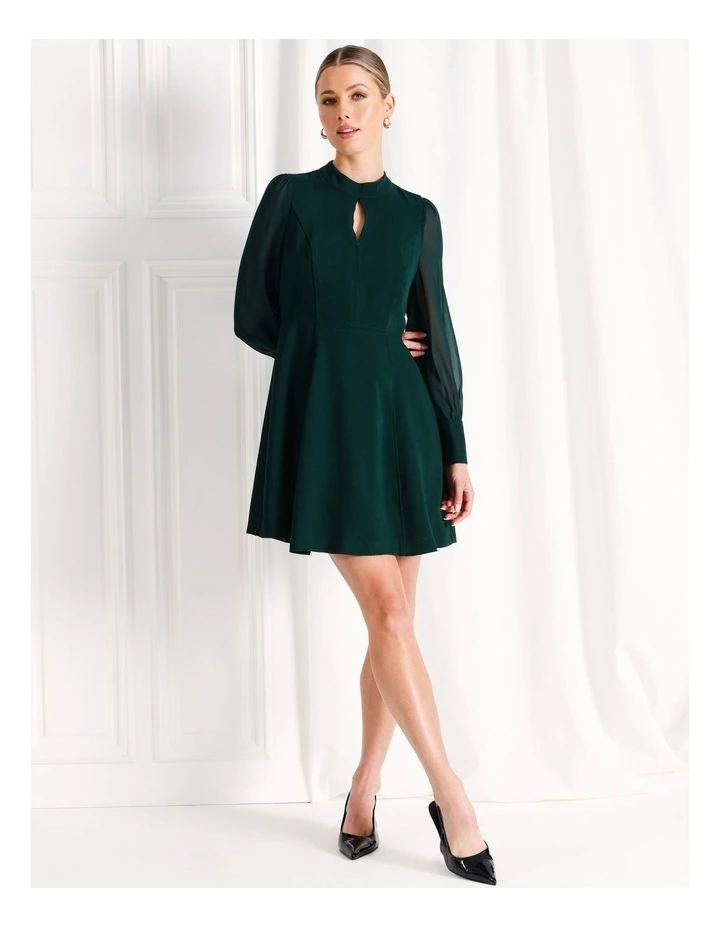 Recycled Blend Crepe Long Sleeve Mini Dress in Dark Green