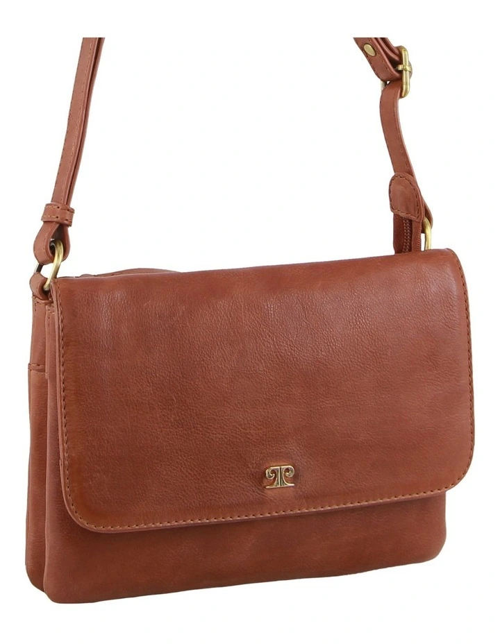 Leather Flap-Over Crossbody Bag in Tan