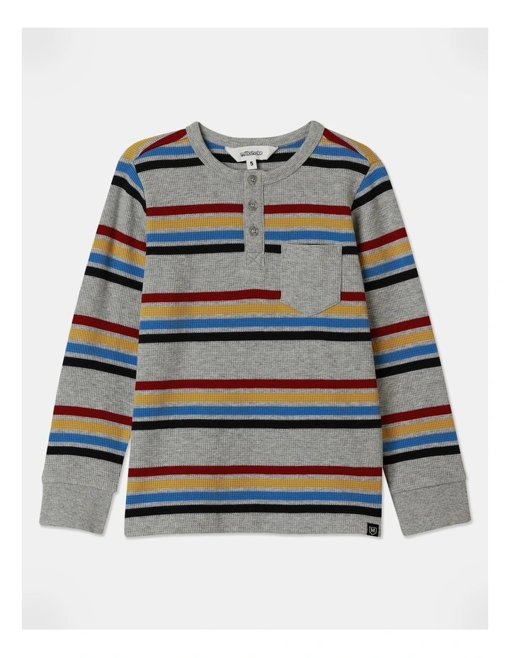 Long Sleeve Waffle Henley Stripe Tee in Grey Marle