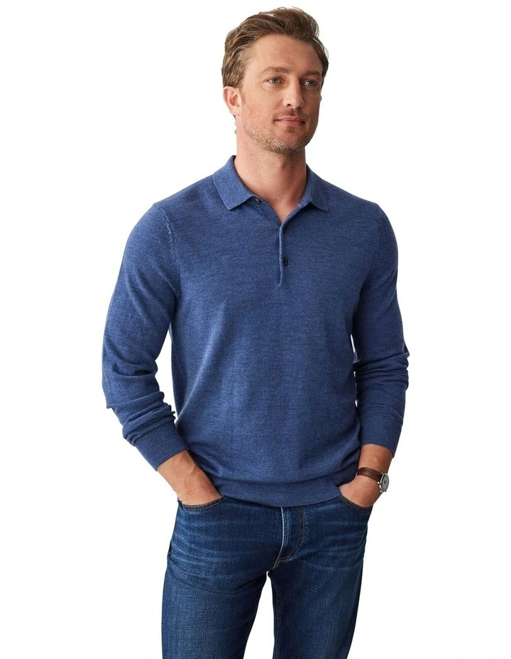 Merino Knit Long Sleeve Polo Shirt in Denim