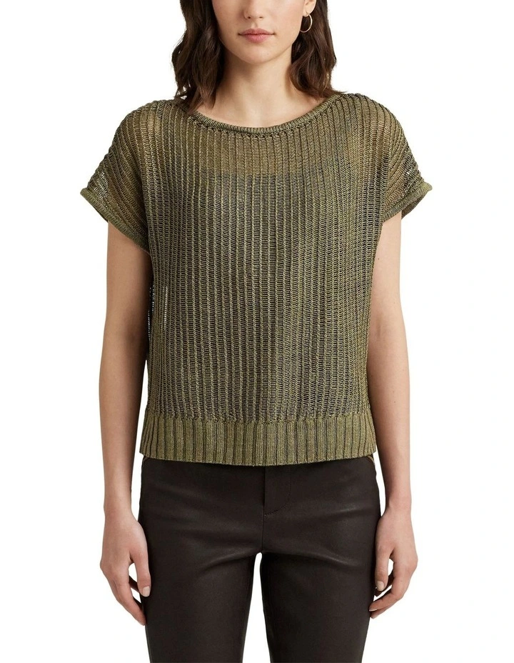 Linen Blend Mesh Short Sleeve Sweater in Green