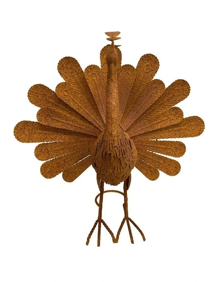 Metal Figurine Proud Standing Peacock in Rust