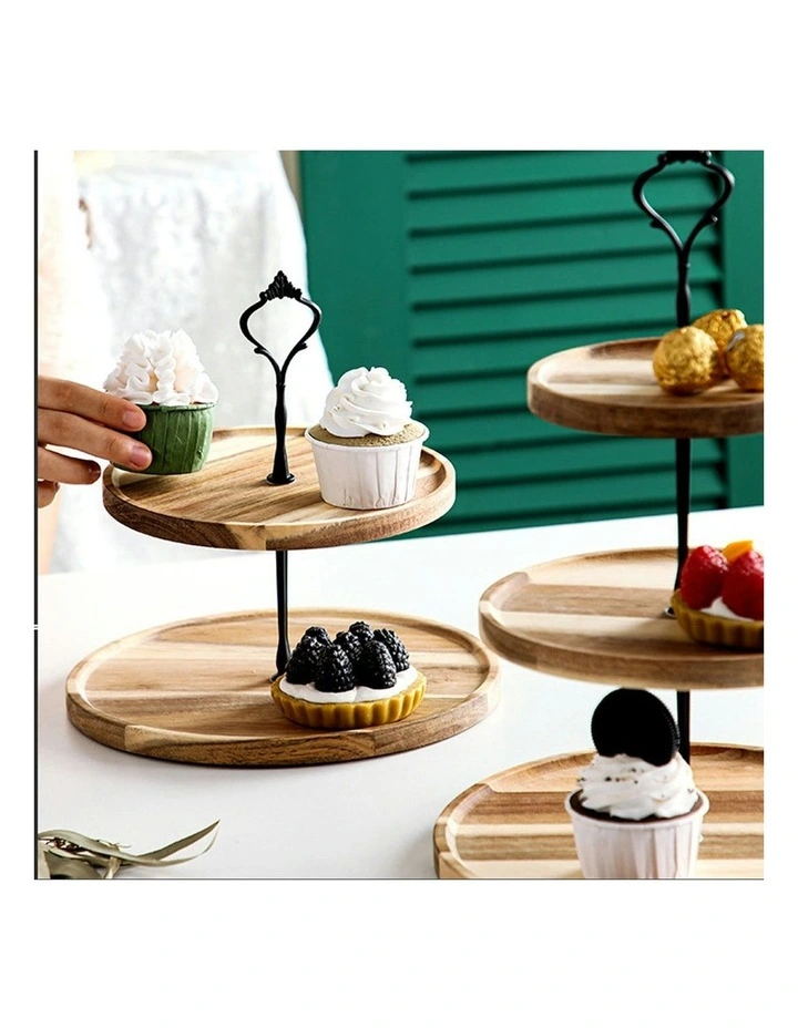 Round Wooden Dessert Tray 2 Tier 15cm in Brown