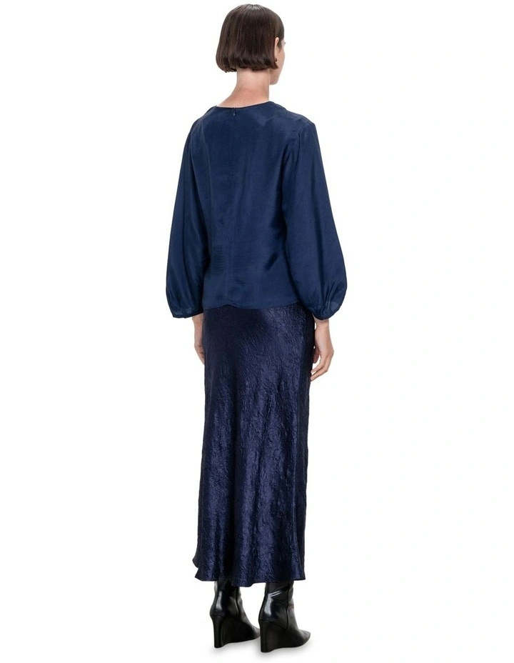 Crushed Twill Tuck Neck Top in French Navy
