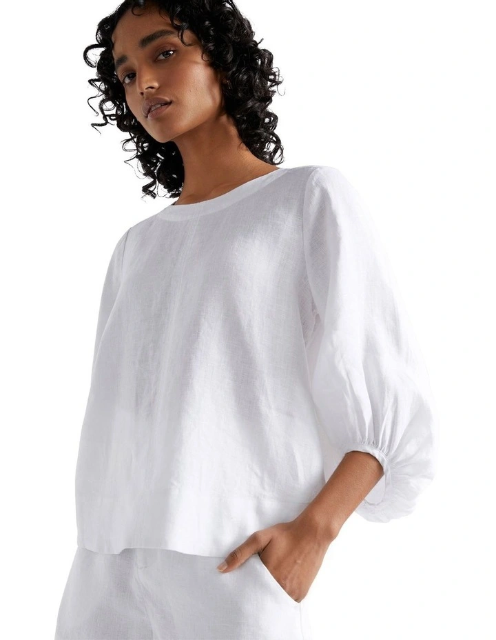 Core Linen Balloon Sleeve Top in Whisper White
