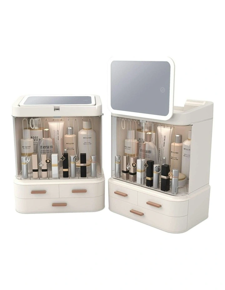 LED Cosmetic Storage Makeup Organizer with LED Makeup Mirror in White