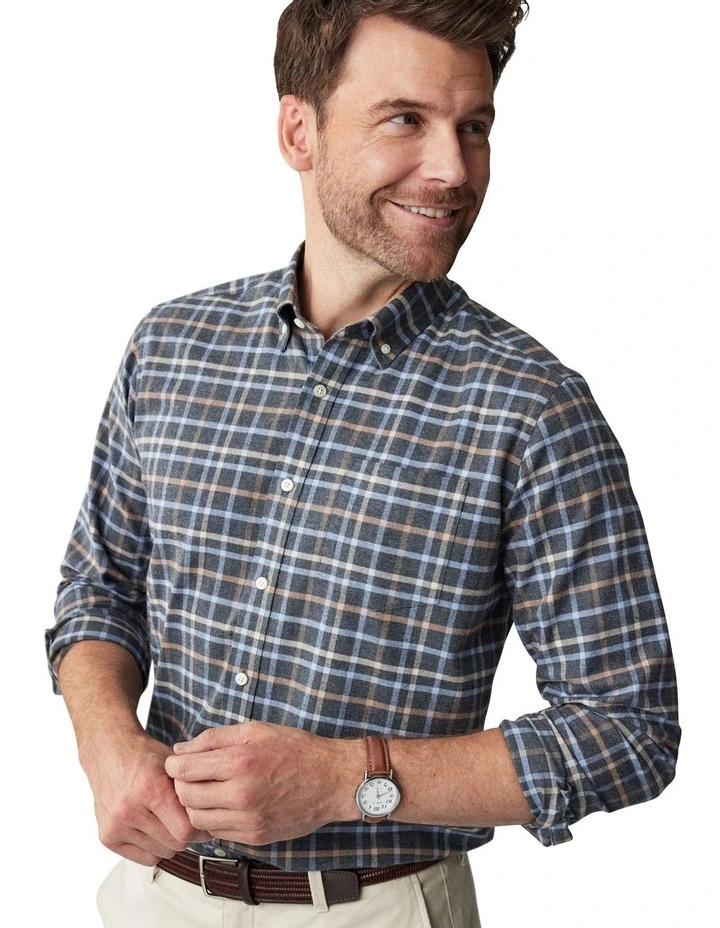 Brushed Twill Melange Check Long Sleeve Shirt in Charcoal Melange