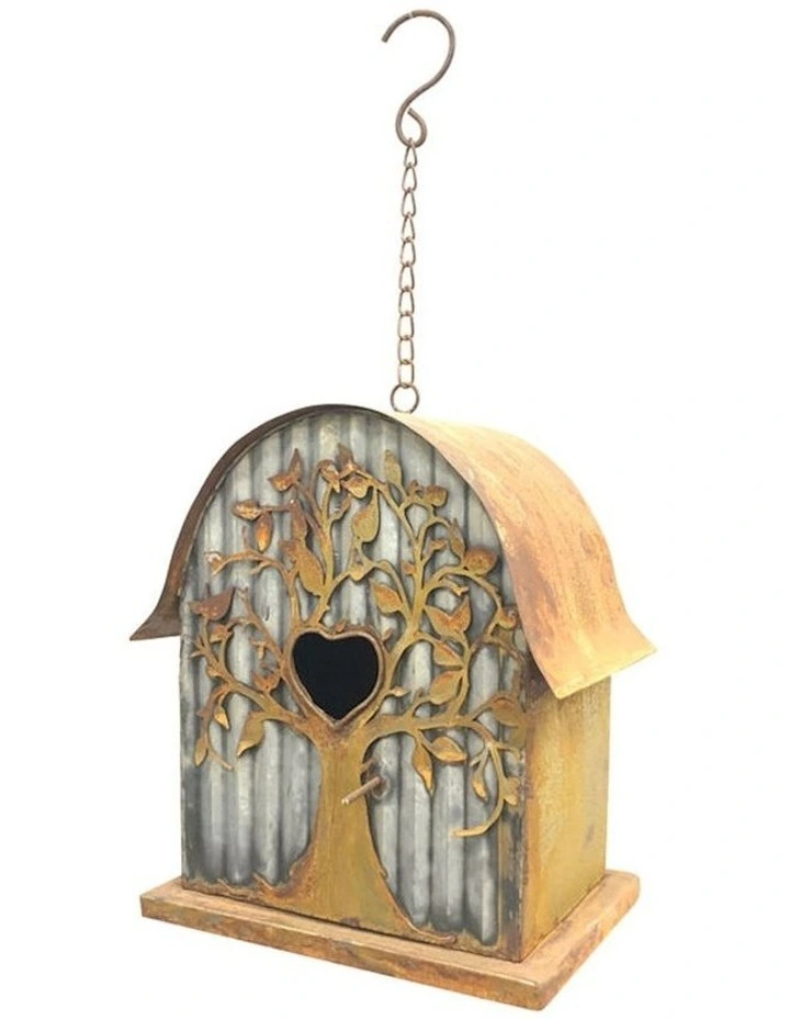 Tree Detail Rustic Bird House in Galvanized/Rust
