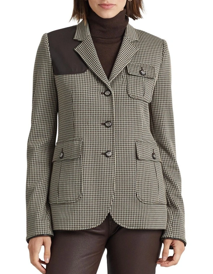Faux Leather Trim Jacquard Blazer in Brown