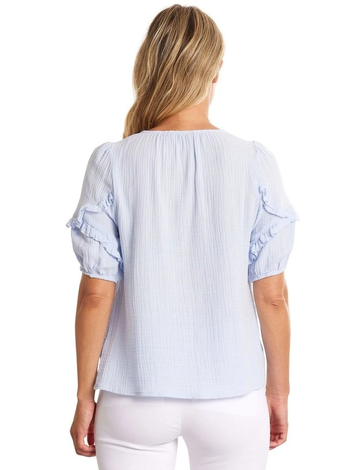 Ruffled Sleeve Crinkle Cotton Top in Ice Blue