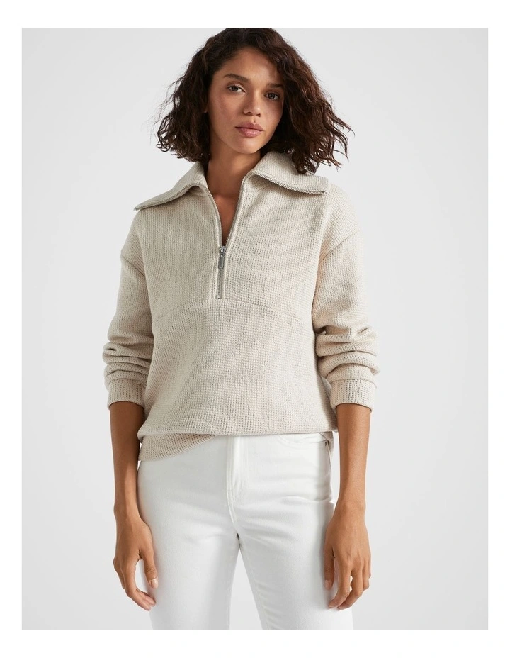 Textured Zip Thru Sweater in Oat Twist