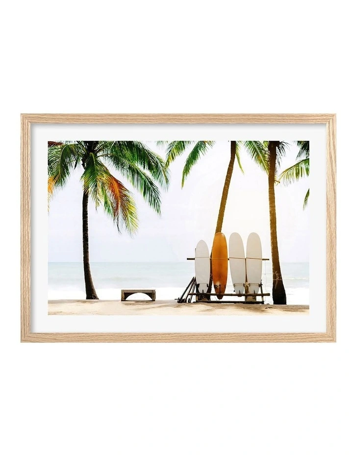 Australian Made Surfboards and Palms Art Print A2 in Natural Frame
