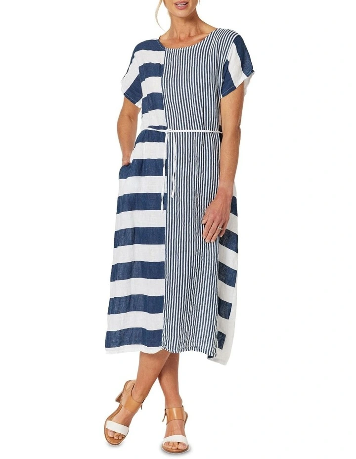 Terrace Spliced Linen Dress in Navy