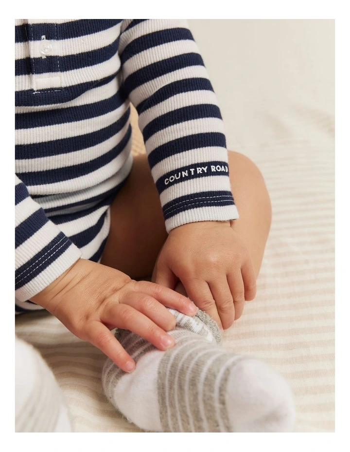 Organically Grown Cotton Long Sleeve Stripe Rib Bodysuit in Navy
