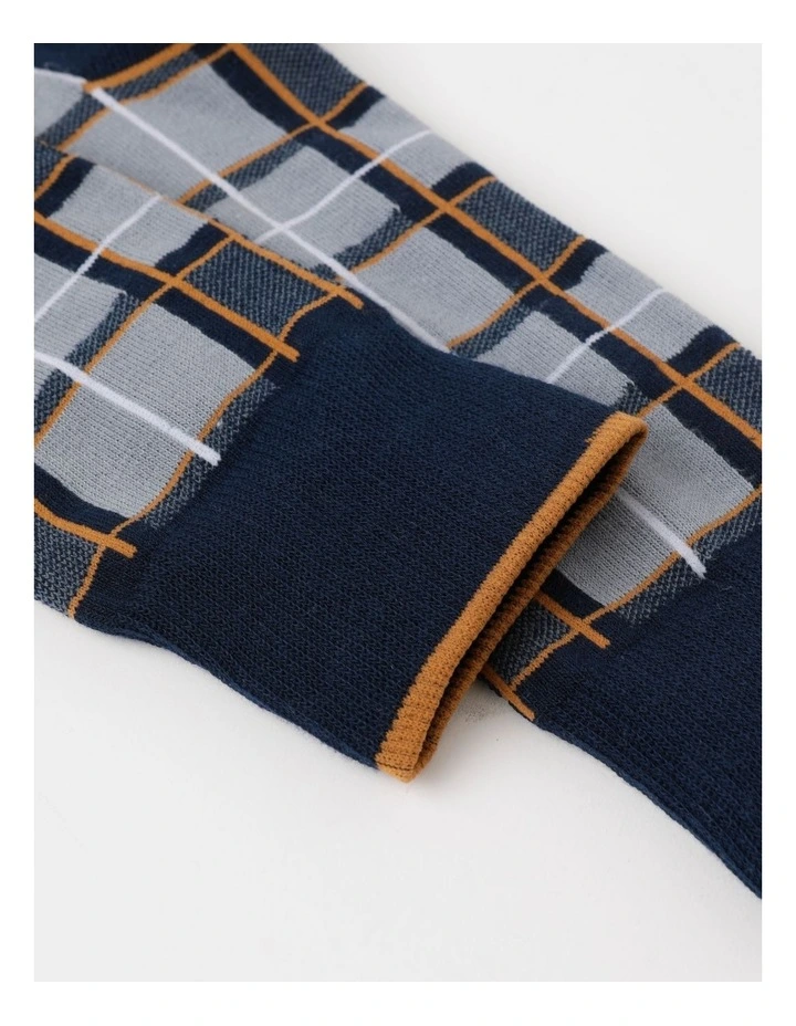 Fine Check Cotton Socks in French Navy