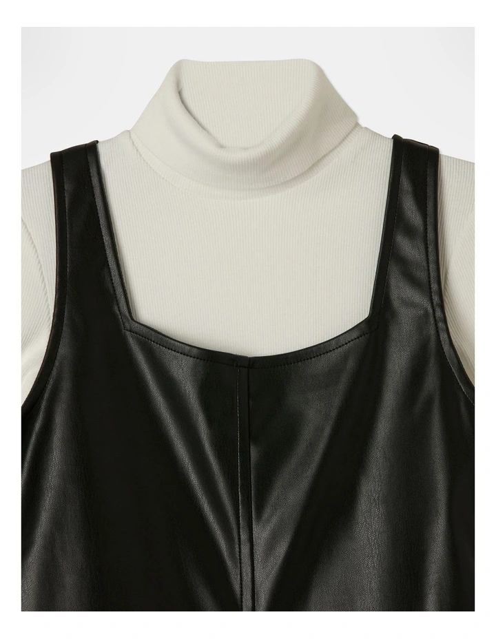 Faux Leather Pinafore and Rib Top Set in Black