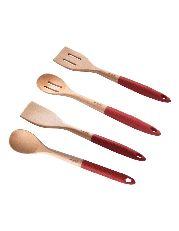 Rustic Beech Wood Kitchen Utensil Set with Silicone Grip 4 Piece in Red