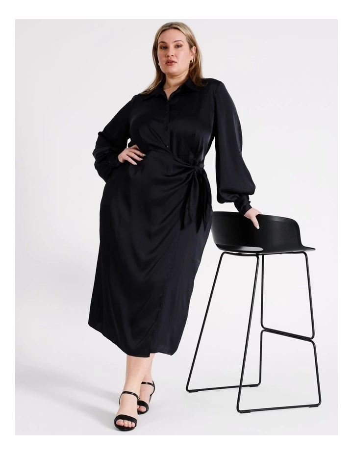 Recycled Satin Wrap Midi Shirt Dress in Navy
