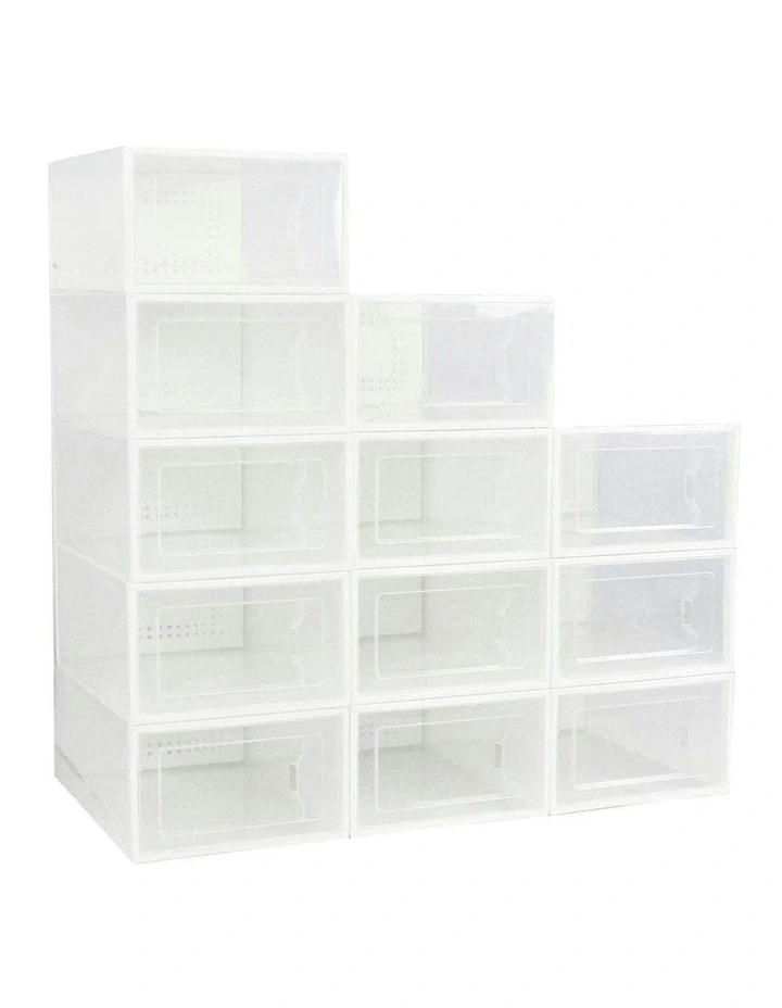 Plastic Shoe Box Stackable Thick Medium Size 12 Pieces in Transparent White