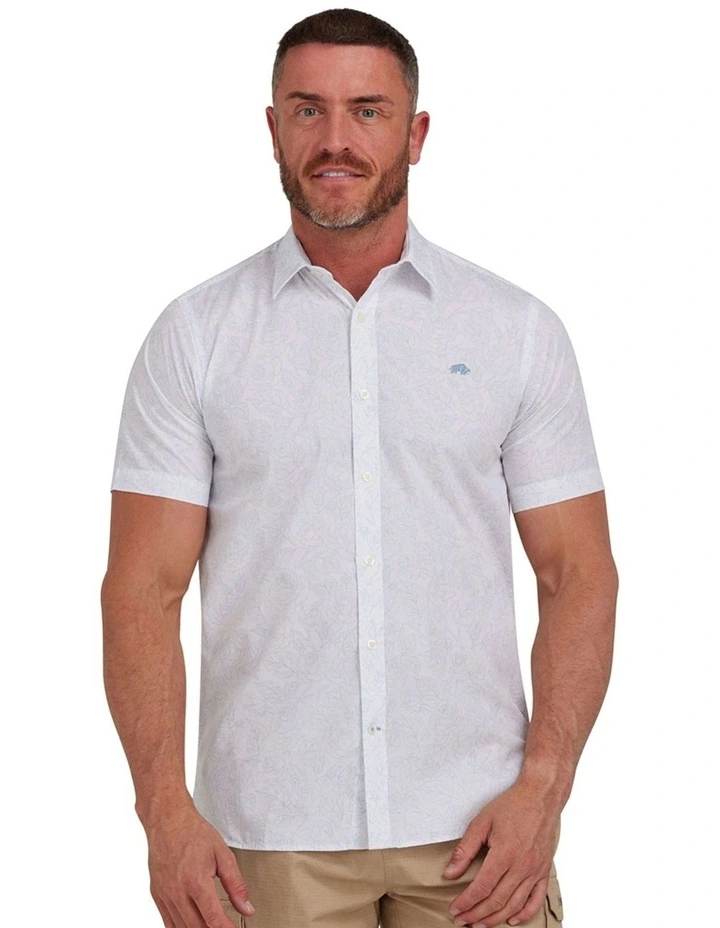 Roses Print Cotton Poplin Short Sleeve Shirt in Sky Blue