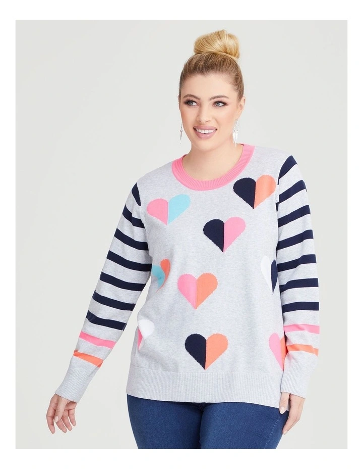 Stripe Love Heart Jumper in Grey Marle/Navy