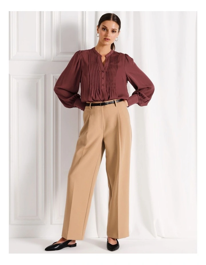 Recycled Blend Satin Pintuck Long Sleeve Blouse in Rouge