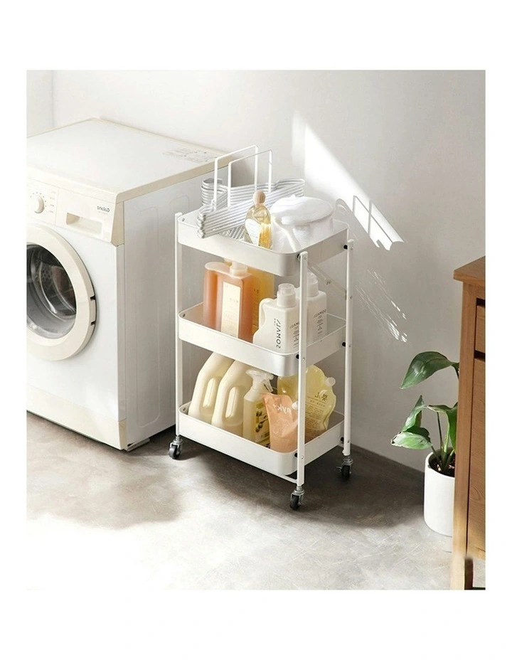 3 Tier Steel Foldable Kitchen Storage Organizer with Wheels in White