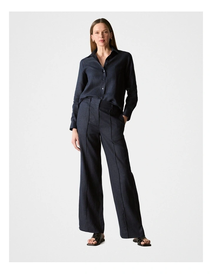 Linen Pintuck Detail Wide Leg Pant in Night Sky