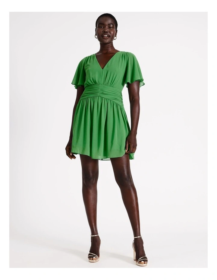 Vneck Flutter Sleeve Mini Dress in Green
