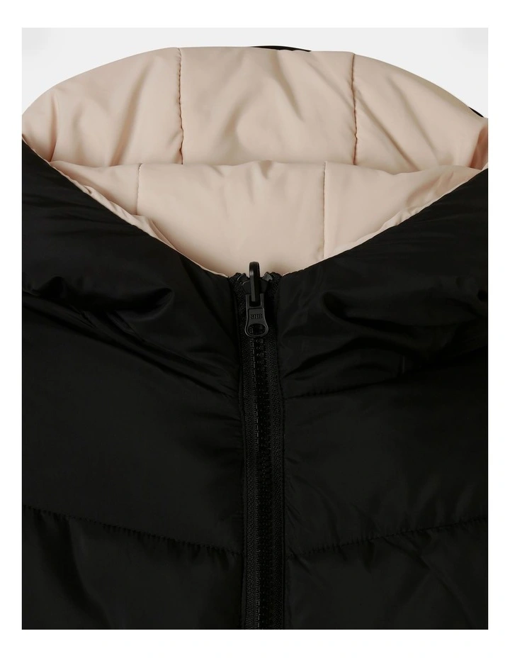 Longline Reversible Puffer Jacket in Black and Beige