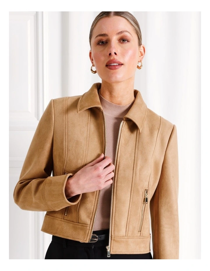 Suedette Trucker Jacket in Camel