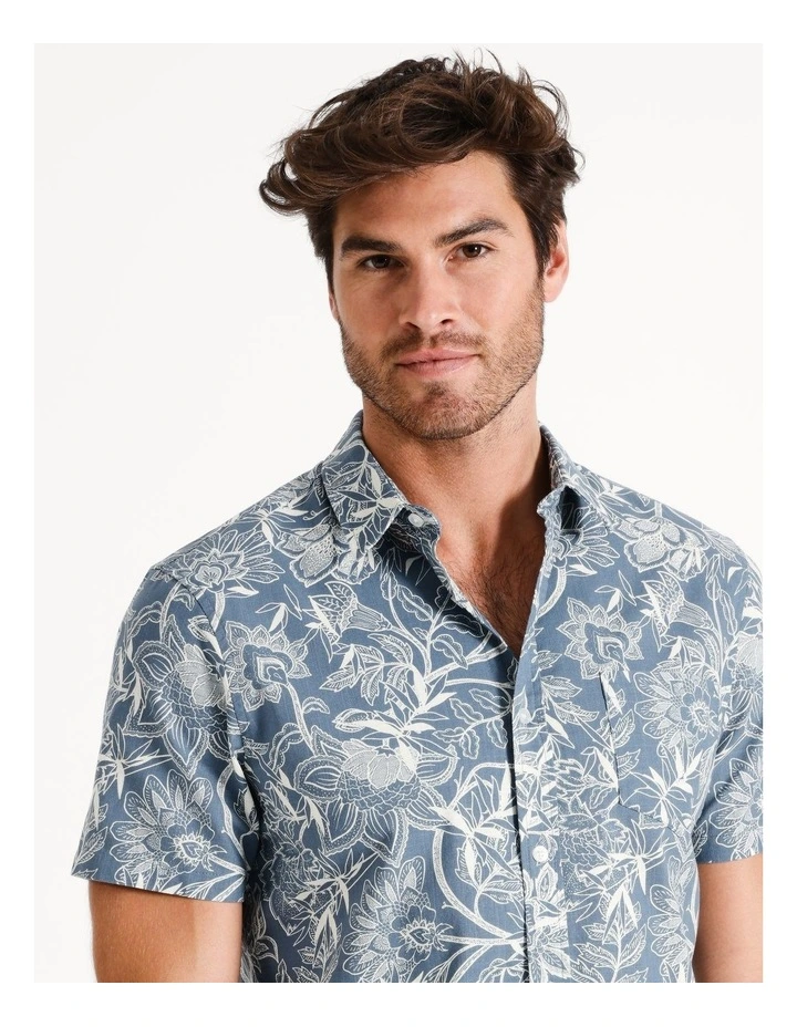 Baines Floral Print Short Sleeve Shirt in Blue